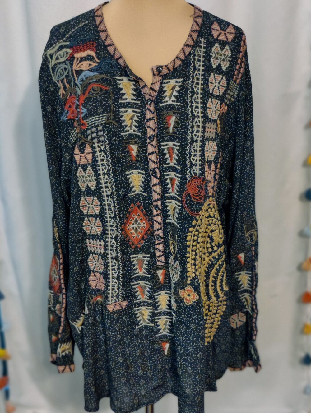Johnny Was navy Tunic Super Heavy Embroidery Starburst Eyes  Rare XL